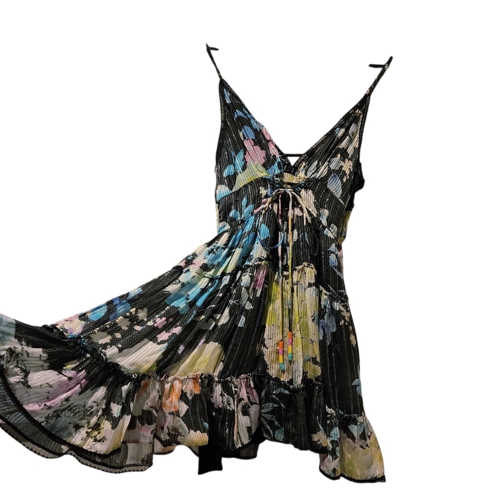 ROCOCO SAND SILK FLORAL TIERED MINI DRESS ADJUSTABLE STRAPS WOMENS MEDIUM